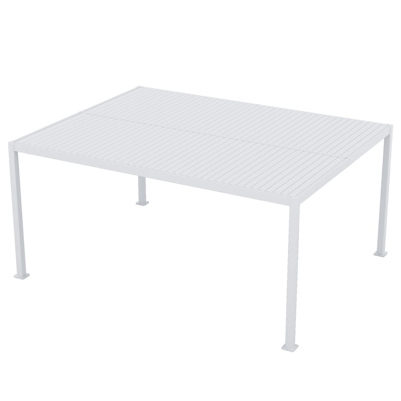 A minimalist white louvered pergola with a sleek design. It features a flat, louvered roof supported by sturdy white columns, providing a modern and functional outdoor structure. White Louvered Pergola: Modern Outdoor Structure. louvered pergola, white pergola, modern outdoor design, outdoor structure.