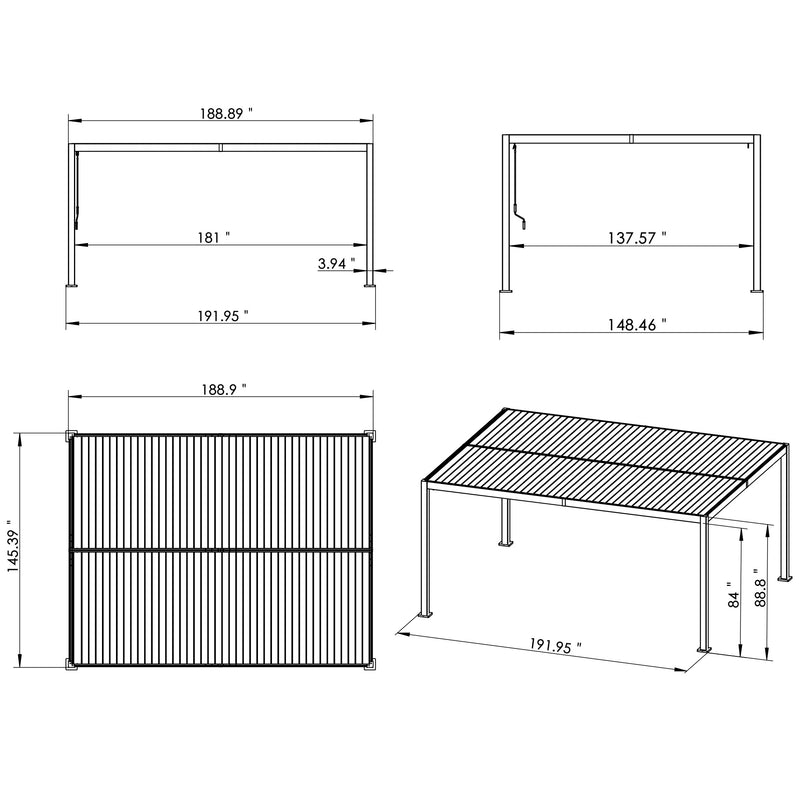Technical drawings of a louvered pergola with multiple views and precise dimensions. The diagrams show different perspectives, including front, side, top, and angled views, with measurements clearly marked for each part, useful for installation and space planning. Louvered Pergola: Comprehensive Dimension Drawings. louvered pergola, dimension drawings, technical diagrams, pergola installation.