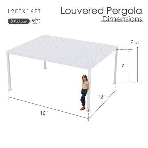 Kozyard 12x16 Louvered Pergola - 12'x16' Large Outdoor Patio Shade: 8 packages, 7'-7.5' height, heavy-duty 4x4 aluminum columns (≥1.30mm thick) for roomy backyard, deck or outdoor living areas.
