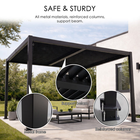 kozyard louvered pergola, safe & sturdy all metal outdoor patio shade, reinforced columns & support beams, all aluminum construction, durable outdoor gazebo for backyard, deck, garden, outdoor living
