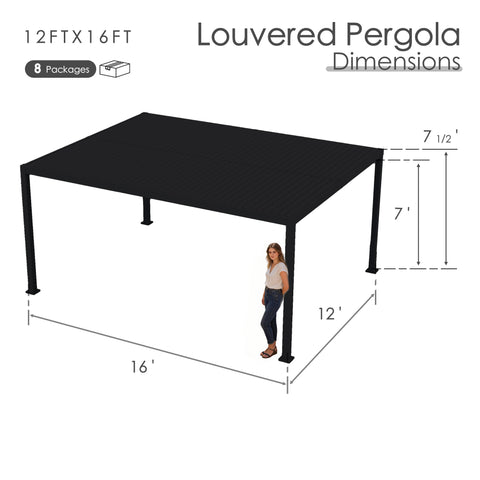 Kozyard 12x16 Louvered Pergola - 12'x16' Extra-Large Outdoor Shade: 8 packages, 7'-7.5' height, 4x4 thick aluminum columns (≥1.30mm) for large, durable patio, deck or backyard living spaces.
