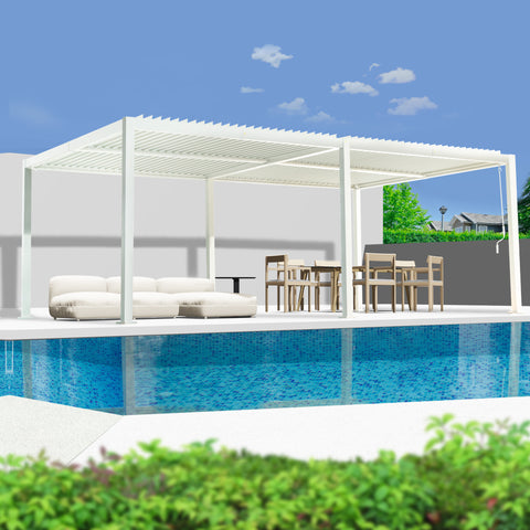 A modern white louvered pergola provides stylish shade over an outdoor living area by the pool. It shelters a comfortable white sofa and a wooden dining set, creating a serene and inviting space for relaxation and dining. White Louvered Pergola for Poolside Living. louvered pergola, poolside, outdoor living, white pergola, relaxation area.