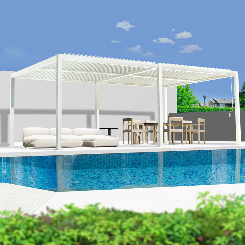 A modern white louvered pergola provides stylish shade over an outdoor living area by the pool. It shelters a comfortable white sofa and a wooden dining set, creating a serene and inviting space for relaxation and dining. White Louvered Pergola for Poolside Living. louvered pergola, poolside, outdoor living, white pergola, relaxation area.