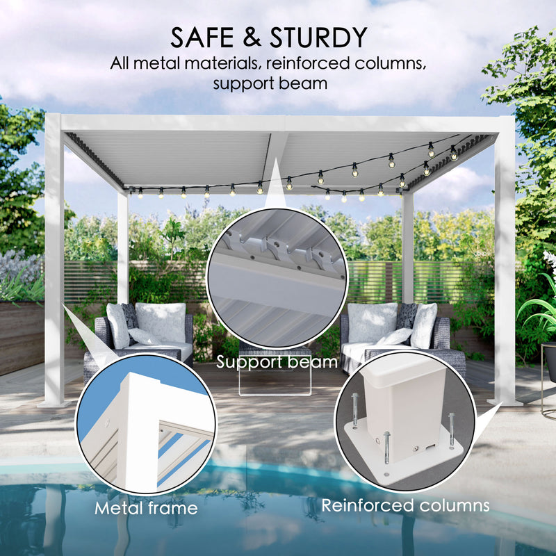 This image showcases a louvered pergola emphasizing its safety and sturdiness. Made of all - metal materials, it features reinforced columns and a support beam. Close - up views highlight the metal frame, support beam details, and the robust base of the reinforced columns.Louvered Pergola: Safe & Sturdy Outdoor Structure. louvered pergola, all - metal materials, reinforced columns, support beam, outdoor structure.