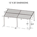 Technical drawing of a louvered pergola with dimensions clearly marked. It showcases a 12' x 20' pergola with height details of 84" and 88.8", providing precise measurements for planning and installation.Louvered Pergola: 12' X 20' Dimensions Illustration.louvered pergola, 12x20 pergola, pergola dimensions, technical drawing.