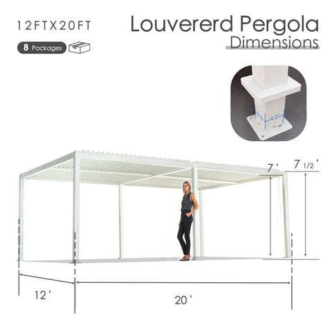 Kozyard 12x20 Louvered Pergola - 12'x20' Extra-Large Outdoor Shade: 8 packages, 7'-7.5' height, 4x4 thick aluminum columns (≥1.30mm) for large, durable patio, deck or backyard living spaces.
