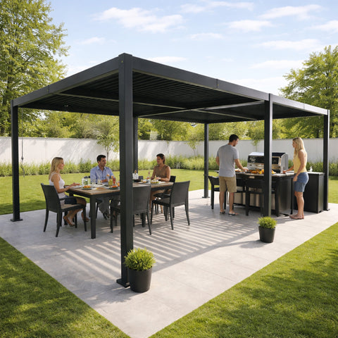 kozyard louvered pergola, adjustable outdoor patio shade, all aluminum construction, weatherproof pergola for backyard entertaining, outdoor grill station shelter, sturdy patio gazebo for deck, garden, outdoor living space
