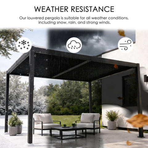 kozyard louvered pergola, all weather resistant outdoor patio shade, all aluminum frame, snow, rain, wind proof pergola, durable outdoor gazebo for backyard, patio, garden, year-round outdoor living
