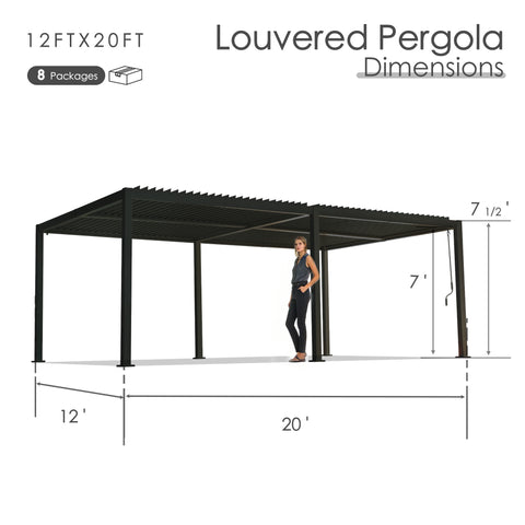 Kozyard 12x20 Louvered Pergola - 12'x20' Extra-Large Outdoor Shade: 8 packages, 7'-7.5' height, 4x4 thick aluminum columns (≥1.30mm) for large, durable patio, deck or backyard living spaces.
