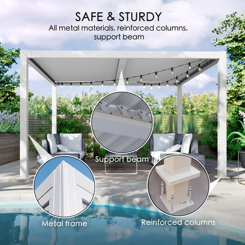 kozyard louvered pergola, all weather resistant outdoor patio shade, all aluminum frame, snow, rain, wind proof pergola, durable outdoor gazebo for backyard, patio, garden, year-round outdoor living