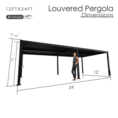 Kozyard 12x24 Louvered Pergola - 12'x24' Extra-Large Outdoor Shade: 8 packages, 7'-7.5' height, 4x4 thick aluminum columns (≥1.30mm) for large, durable patio, deck or backyard living spaces.
