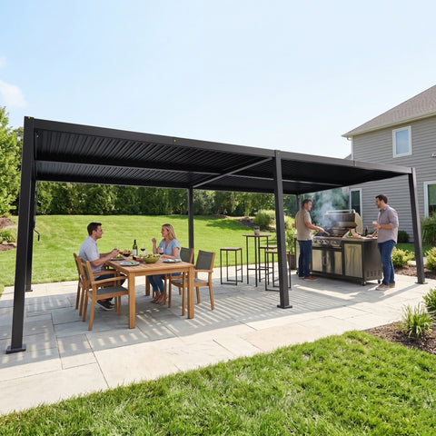 kozyard louvered pergola, adjustable outdoor patio shade, all aluminum construction, weatherproof pergola for backyard entertaining, outdoor grill station shelter, sturdy patio gazebo for deck, garden, outdoor living space

