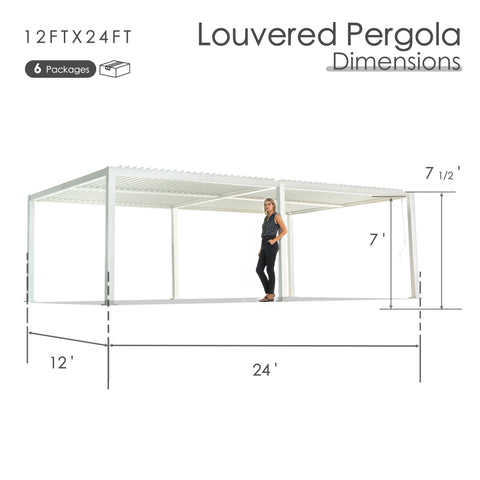 Kozyard 12x24 Louvered Pergola - 12'x24' Extra-Large Outdoor Shade: 8 packages, 7'-7.5' height, 4x4 thick aluminum columns (≥1.30mm) for large, durable patio, deck or backyard living spaces.
