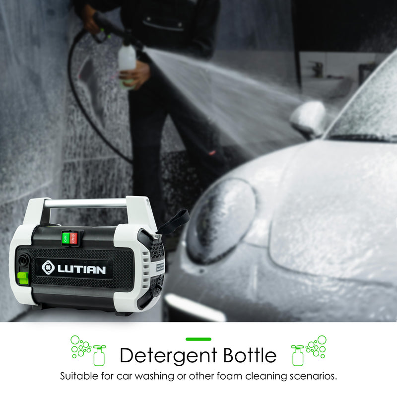 LUTIAN pressure washer with a detergent bottle, spraying foam on a car for effective cleaning. LUTIAN pressure washer, detergent bottle, car washing, foam cleaning, effective cleaning. LUTIAN Pressure Washer with Detergent Bottle for Car Washing and Foam Cleaning. LUTIAN pressure washer, detergent bottle, car washing, foam cleaning, effective cleaning.





