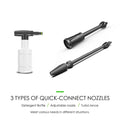 Three quick-connect nozzles for a pressure washer: detergent bottle, adjustable nozzle, and turbo lance. Quick-connect nozzles, pressure washer, detergent bottle, adjustable nozzle, turbo lance. Pressure Washer Quick-Connect Nozzles: Detergent Bottle, Adjustable, and Turbo Lance. Quick-connect nozzles, pressure washer, detergent bottle, adjustable nozzle, turbo lance, versatile cleaning.




