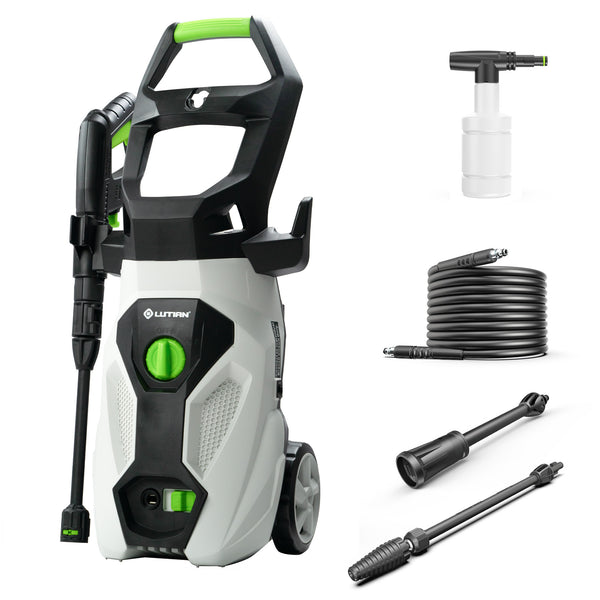 High-power electric pressure washer with spray gun, foam cannon, hose, and nozzle attachments for efficient outdoor cleaning.Electric Pressure Washer | High-Power Jet Cleaner with Spray Gun & Foam Cannon