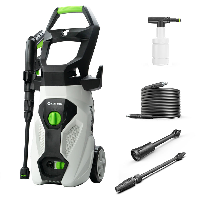 High-power electric pressure washer with spray gun, foam cannon, hose, and nozzle attachments for efficient outdoor cleaning.Electric Pressure Washer | High-Power Jet Cleaner with Spray Gun & Foam Cannon