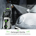 Electric pressure washer with a detergent bottle attachment, ideal for car washing and foam cleaning. High-pressure water spray covering a car in foam. Foam Cannon Pressure Washer | Powerful Car Wash with Detergent Bottle