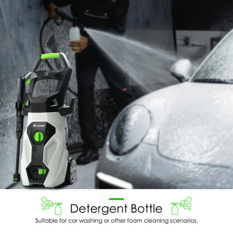 Electric pressure washer with a detergent bottle attachment, ideal for car washing and foam cleaning. High-pressure water spray covering a car in foam. Foam Cannon Pressure Washer | Powerful Car Wash with Detergent Bottle