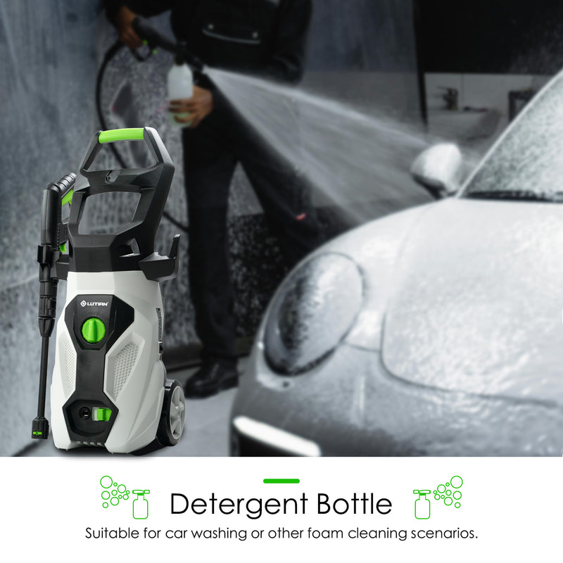 Electric pressure washer with a detergent bottle attachment, ideal for car washing and foam cleaning. High-pressure water spray covering a car in foam. Foam Cannon Pressure Washer | Powerful Car Wash with Detergent Bottle