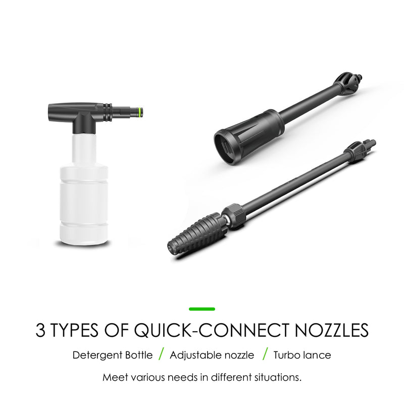 Three quick-connect nozzles for a pressure washer: detergent bottle, adjustable nozzle, and turbo lance. Quick-connect nozzles, pressure washer, detergent bottle, adjustable nozzle, turbo lance. Pressure Washer Quick-Connect Nozzles: Detergent Bottle, Adjustable, and Turbo Lance. quick-connect nozzles, pressure washer, detergent bottle, adjustable nozzle, turbo lance, versatile cleaning.



