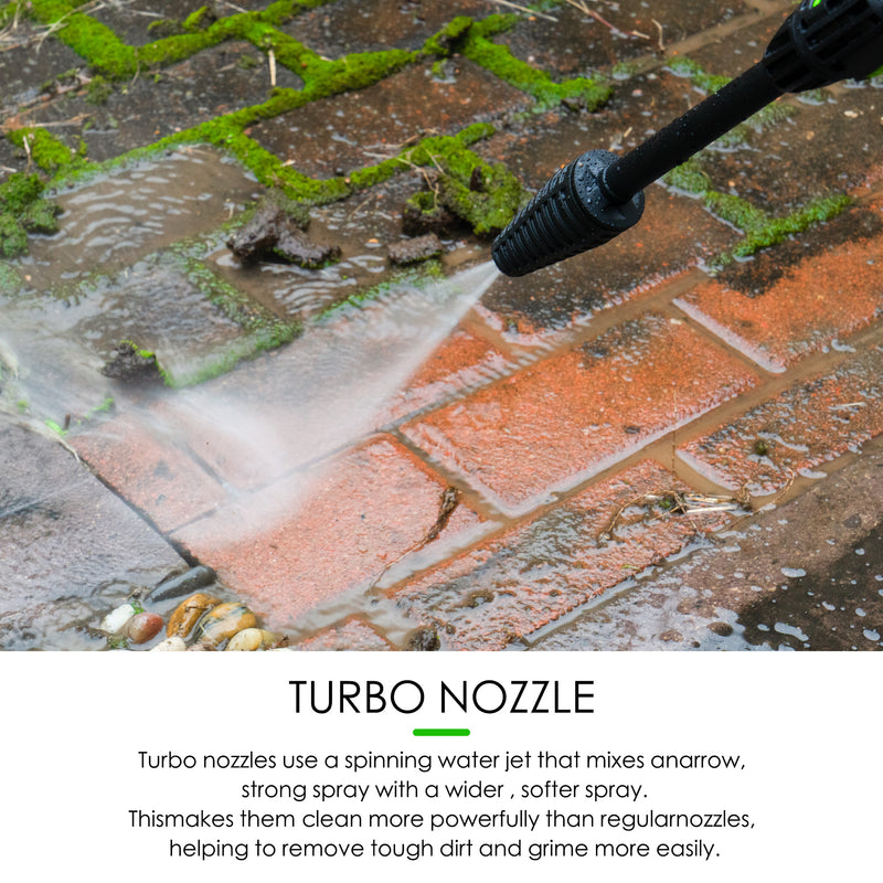 Turbo nozzle on a pressure washer cleaning a brick patio, removing tough dirt and grime. turbo nozzle, pressure washer, brick patio, tough dirt, grime removal. Turbo Nozzle for Pressure Washer - Powerful Cleaning for Tough Dirt on Brick Patios. Turbo nozzle, pressure washer, powerful cleaning, tough dirt, grime removal, brick patio.




