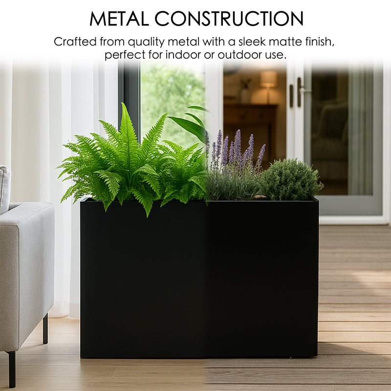 Kozyard Metal Rectangular Planter Box Steel Long Box Planter Black Powder Coated Steel Plant Pot All-Weather Use with Partition Panel for Indoor Outdoor for Trees, Plants Flowers