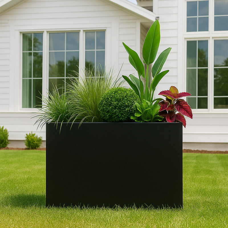 Kozyard Metal Rectangular Planter Box Steel Long Box Planter Black Powder Coated Steel Plant Pot All-Weather Use with Partition Panel for Indoor Outdoor for Trees, Plants Flowers