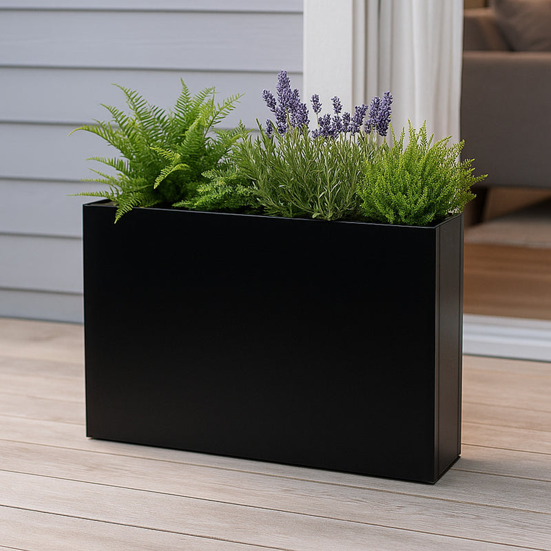 Kozyard Metal Rectangular Planter Box Steel Long Box Planter Black Powder Coated Steel Plant Pot All-Weather Use with Partition Panel for Indoor Outdoor for Trees, Plants Flowers