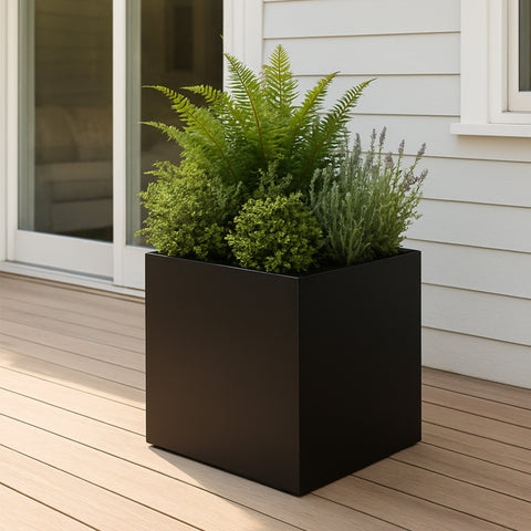 Kozyard large square planter for indoor and outdoor plants, featuring a modern metal design ideal for flowers, ferns, herbs, shrubs and decorative greenery. This spacious outdoor planter and indoor plant container adds contemporary style to patios, porches, decks, entryways, balconies, living spaces and gardens, offering an attractive solution for large plant and flower displays.
