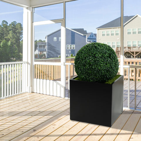 A black cube - shaped metal planter made of steel, placed on a screened porch. It holds a lush, spherical green plant, enhancing the outdoor aesthetic and suitable for both indoor and outdoor use. Black Cube Metal Planter for Porch Decor. Cube metal planter, steel planter box, black steel flower pot, porch decor