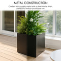Kozyard metal square planter features durable metal construction and a sleek matte finish for indoor and outdoor use. Designed as a modern large planter for flowers, houseplants, ferns, shrubs and decorative greenery, this versatile plant container complements patios, porches, decks, balconies, entryways, living rooms and gardens while creating a clean contemporary plant display.