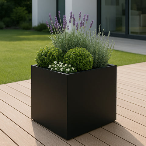 Kozyard large outdoor square planter creates a modern garden display for lavender, shrubs, flowers, herbs and decorative plants. The spacious metal plant container is ideal for patio, porch, deck, balcony, backyard, garden and entryway landscaping, combining a clean contemporary square profile with generous planting space for mixed arrangements, ornamental plants and seasonal greenery.