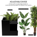 A black cube - shaped metal planter with an adjustable divider, demonstrating its versatility for planting low shrubs, medium - sized potted plants, and small trees. Ideal for customizing planting depth based on different root systems.  Black Cube Metal Planter with Adjustable Divider.  Cube metal planter, steel planter box, black steel flower pot, adjustable divider.