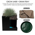 Kozyard large square planter includes a grow liner and drain tray designed to help contain soil and manage excess water for a cleaner planting area. This modern indoor outdoor metal planter supports flowers, shrubs, ornamental grasses and decorative plants while providing a practical plant container for patios, porches, decks, balconies, entryways, living spaces and garden landscaping.