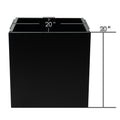 A black cube - shaped metal planter box with dimensions labeled as 20 inches in both width and height. Crafted from steel, it is suitable for both indoor and outdoor use to showcase flowers or plants. Black Cube Metal Planter Dimensions. Cube metal planter, steel planter box, black steel flower pot, planter dimensions