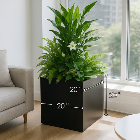 Kozyard 20 inch large square planter measures 20 x 20 x 20 inches, providing generous planting space for large houseplants, flowers, ferns, shrubs and decorative greenery. This modern metal indoor outdoor planter offers a spacious plant container for living rooms, entryways, patios, porches, decks, balconies and gardens, ideal for creating contemporary large plant and flower displays.