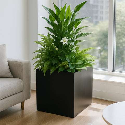 Kozyard large square planter brings a clean modern look to indoor and outdoor plant displays, with spacious room for large houseplants, ferns, flowers, shrubs and decorative greenery. This contemporary metal plant container is ideal for living rooms, entryways, offices, patios, porches, decks, balconies and gardens, offering a stylish large planter for residential and commercial landscaping.