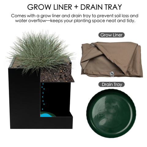 A black cube - shaped metal planter box with an illustration showing its internal structure, accompanied by a grow liner and a drain tray. These components prevent soil loss and water overflow, keeping the planting area tidy. Ideal for both indoor and outdoor use. Black Cube Metal Planter with Grow Liner and Drain Tray. Cube metal planter, steel planter box, black steel flower pot, grow liner, drain tray.