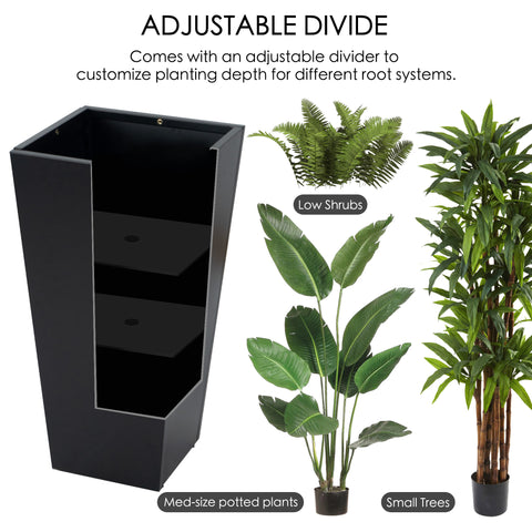 A tall, black metal taper planter with an adjustable divider, demonstrating its versatility for different plants such as low shrubs, medium - sized potted plants, and small trees. Ideal for customizing planting depth according to root systems. Tall Taper Black Metal Planter with Adjustable Divider. Tall taper planter, black metal, adjustable divider, indoor - outdoor planters