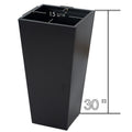 A tall, black metal taper planter with dimensions labeled as 15 5/16 inches in width and 30 inches in height. Ideal for both indoor and outdoor use, this planter offers a sleek design for showcasing plants. Tall Taper Black Metal Planter Dimensions. Tall taper planter, black metal, indoor - outdoor planters, planter dimensions.