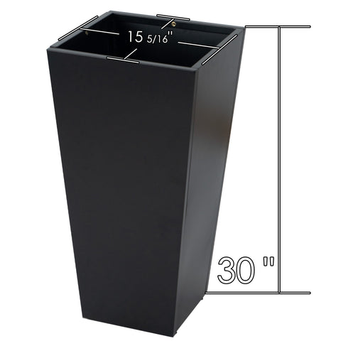 A tall, black metal taper planter with dimensions labeled as 15 5/16 inches in width and 30 inches in height. Ideal for both indoor and outdoor use, this planter offers a sleek design for showcasing plants. Tall Taper Black Metal Planter Dimensions. Tall taper planter, black metal, indoor - outdoor planters, planter dimensions.