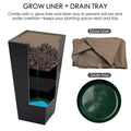A tall, black metal taper planter with an illustration showing its internal structure, accompanied by a grow liner and a drain tray. These accessories prevent soil loss and water overflow, keeping the planting area neat. Ideal for indoor and outdoor use. Tall Taper Black Metal Planter with Grow Liner and Drain Tray. Tall taper planter, black metal, grow liner, drain tray, indoor - outdoor planters.