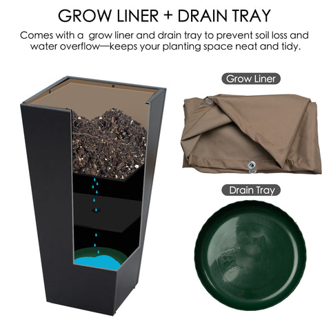 A tall, black metal taper planter with an illustration showing its internal structure, accompanied by a grow liner and a drain tray. These accessories prevent soil loss and water overflow, keeping the planting area neat. Ideal for indoor and outdoor use. Tall Taper Black Metal Planter with Grow Liner and Drain Tray. Tall taper planter, black metal, grow liner, drain tray, indoor - outdoor planters.