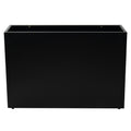 A sleek black metal rectangular planter box, ideal for outdoor or indoor use. Its sturdy steel construction makes it a perfect choice for growing plants, adding an elegant touch to any space. Black Metal Rectangular Planter Box. Metal planter box, rectangular, steel, planter.