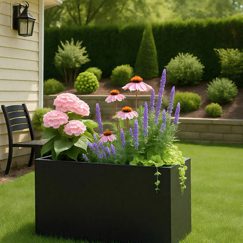 Kozyard Metal Rectangular Planter Box Steel Long Box Planter Black Powder Coated Steel Plant Pot All-Weather Use with Partition Panel for Indoor Outdoor for Trees, Plants Flowers
