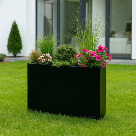Kozyard Metal Rectangular Planter Box Steel Long Box Planter Black Powder Coated Steel Plant Pot All-Weather Use with Partition Panel for Indoor Outdoor for Trees, Plants Flowers