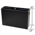 A black metal rectangular planter box with dimensions labeled: 36 inches in length, 24 inches in height, and 12 inches in width. Ideal for both indoor and outdoor use, showcasing its sturdy steel construction. Black Metal Rectangular Planter Box Dimensions. Metal planter box, rectangular, steel, planter dimensions.