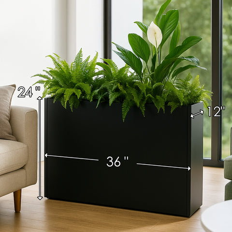 Kozyard Metal Rectangular Planter Box Steel Long Box Planter Black Powder Coated Steel Plant Pot All-Weather Use with Partition Panel for Indoor Outdoor for Trees, Plants Flowers