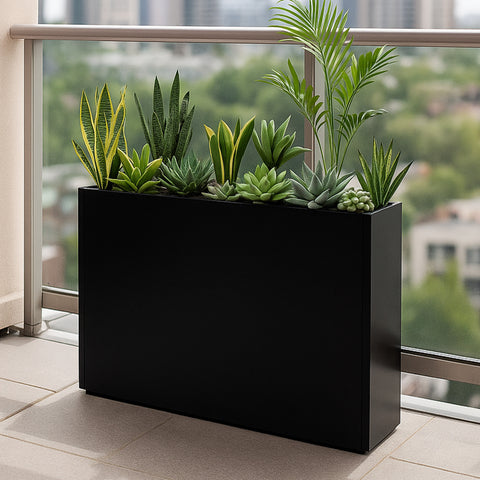 Kozyard Metal Rectangular Planter Box Steel Long Box Planter Black Powder Coated Steel Plant Pot All-Weather Use with Partition Panel for Indoor Outdoor for Trees, Plants Flowers